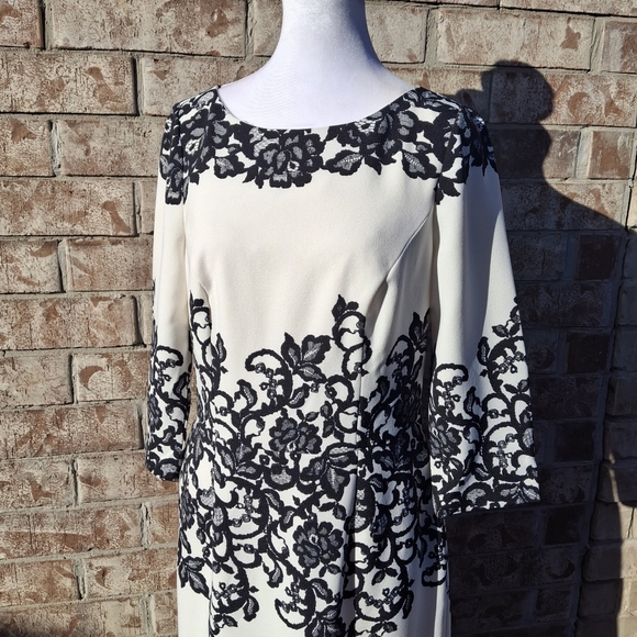 Adrianna Papell Ivory with Black Floral Lace-Print Sheath Dress  Women Size 10 - Picture 9 of 16